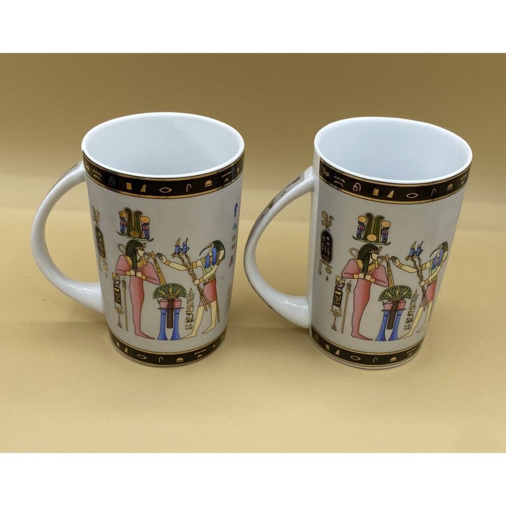 Egyptian Scene Coffee Mugs (2) Hieroglyphs 4 3/4” Pharaohs